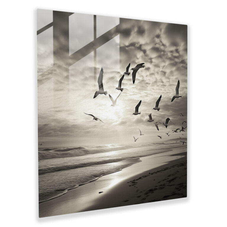 Ethereal Seagull Glass Print - Black and White Wall Decor for Home
