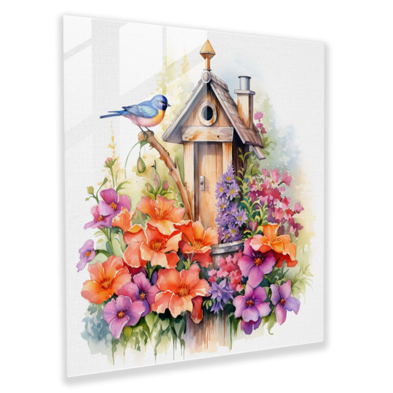 Enchanting Birdhouse Glass Print - Watercolor Wall Art Home Decoration