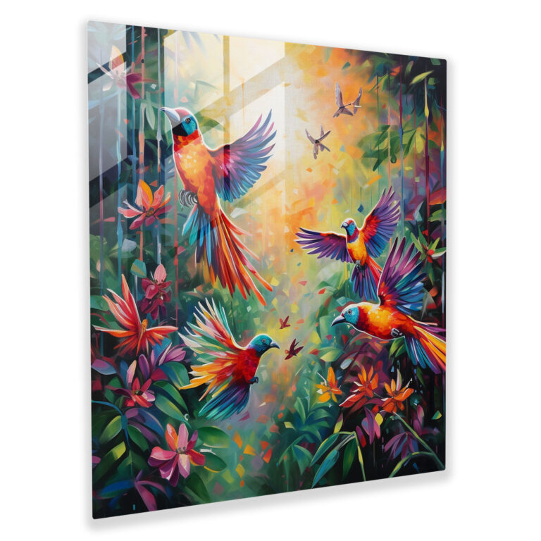 Exquisite Abstract Acrylic Glass Print - Colorful Birds Flying over Tropical Forest