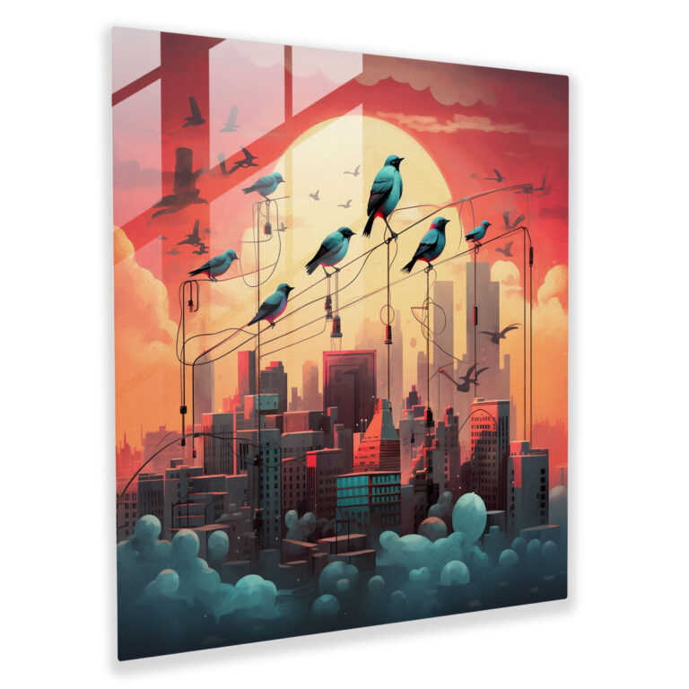 Captivating Contemporary Digital Glass Print - Whimsical Birds on Surreal Cityscape