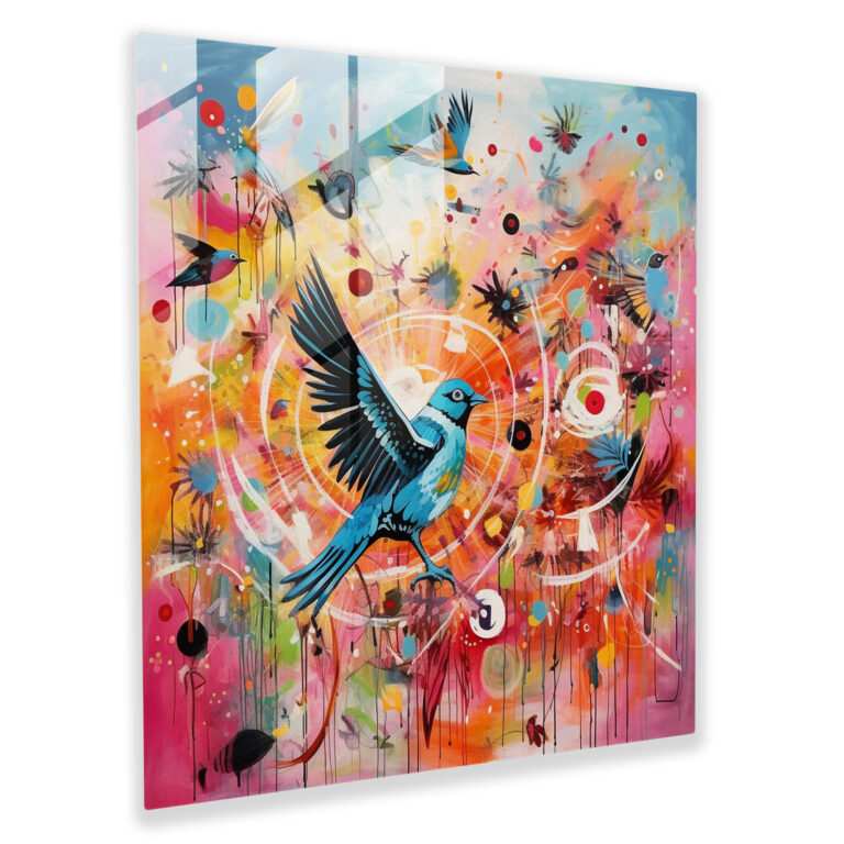 Energetic Expressionist Mixed Media Glass Print - Birds amidst Vibrant Abstract Patterns