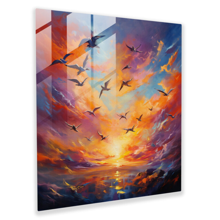 Captivating Glass Prints - Birds in Flight over Sunset Horizon - Contemporary Glass Wall Art for Home Decoration and Wall Decor - Modern Artwork