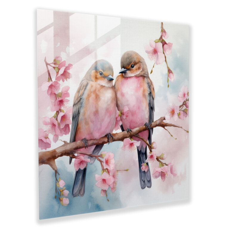 Eternal Love Glass Prints - Romantic Birds with Pink Blossoms - Watercolor Glass Wall Art for Home Decoration and Wall Decor - Glass Artwork