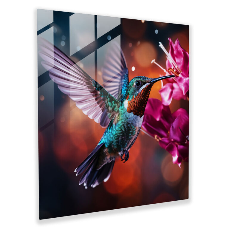 Enchanting Flutter Glass Prints - Vibrant Mid-Flight Hummingbird - Photographic Glass Wall Art for Home Decoration and Wall Decor - Modern Artwork