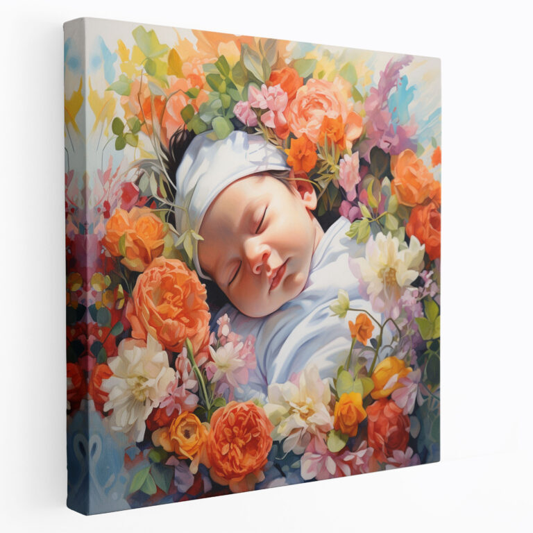 Born Canvas Print - Newborn Baby In Blooming Flowers - Born, Newborn, Canvas Print, Watercolor Painting