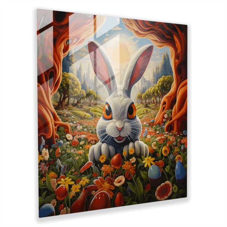 Exquisite Glass Print - Bugs Bunny in Vibrant Garden - Surrealistic Glass Wall Art