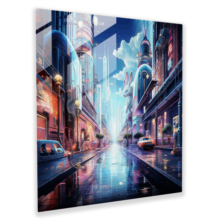 Spectacular Glass Print - Bugs Bunny and His Clever Pranks in a Futuristic City Glass Wall Art