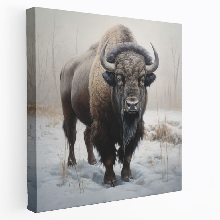 Snowy Buffalo Canvas Print - Realistic Oil Painting Wall Art - Buffalo, Tranquility, Canvas, Winter