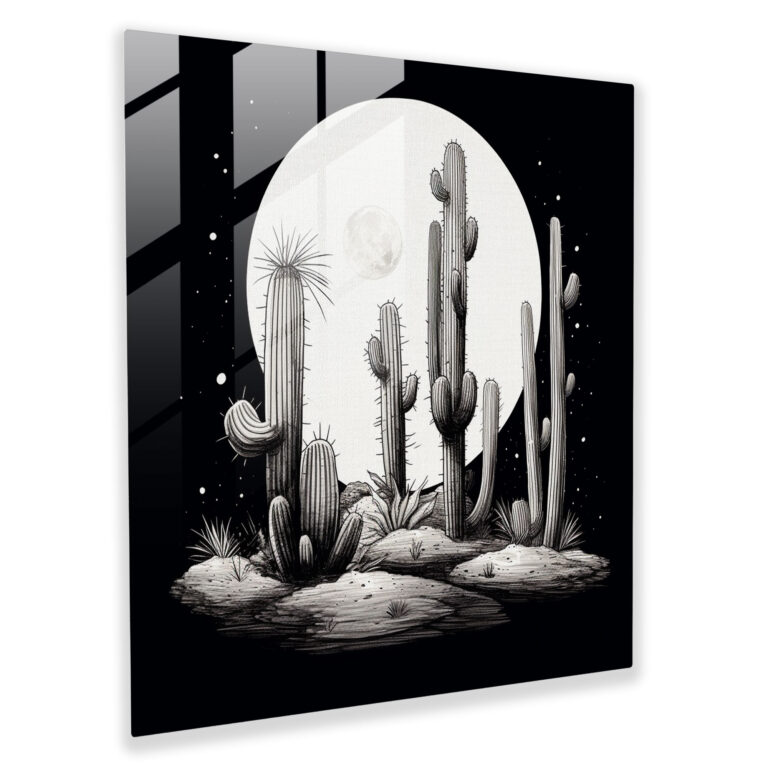 Minimalist Moonlit Cactus Glass Print - Cactus, Home Decoration, Glass Print, Peace