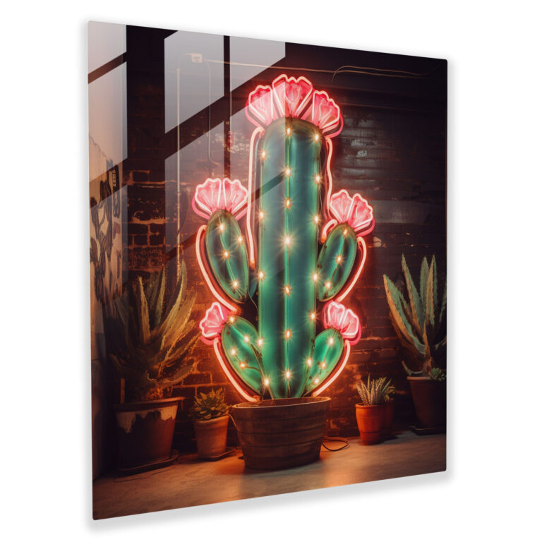 Retro Neon Cactus Glass Print - Cactus, Home Decoration, Timeless Appeal, Glass Print