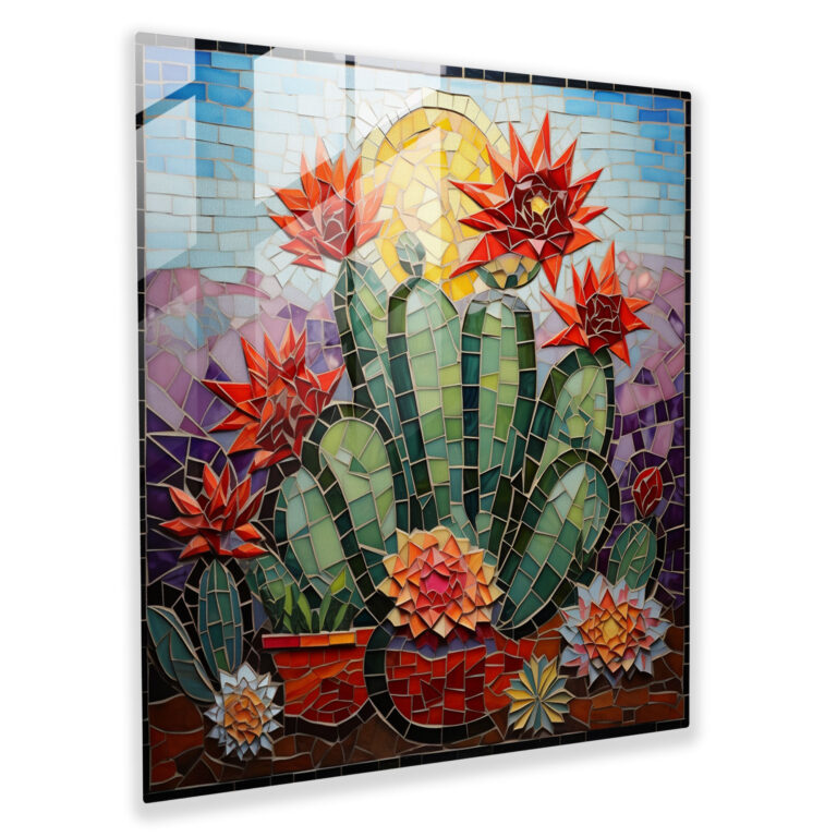 Colorful Glass Mosaic Cactus Glass Print - Cactus, Glass Art, Mosaic Artwork, Traditional Craftsmanship