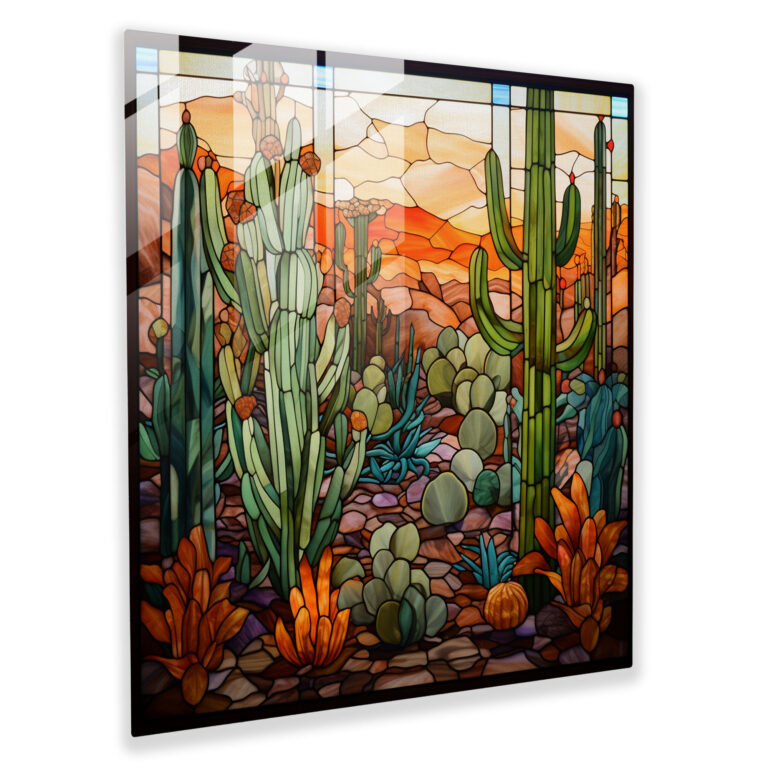 Stained Glass Cactus Mosaic Glass Wall Art - Cactus, Modern Art, Mosaic Art, Glass Print