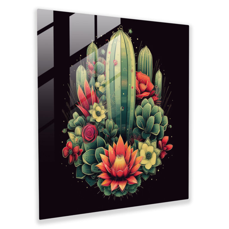 Geometric Cactus Symmetry Glass Wall Art - Cactus, Home Decoration, Glass Art, Modern Art