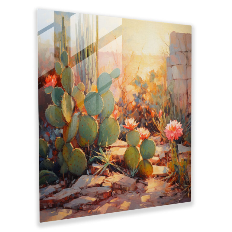 Sunlit Cactus Garden Glass Print - Cactus, Cactus, Warm Sunlight, Modern Art