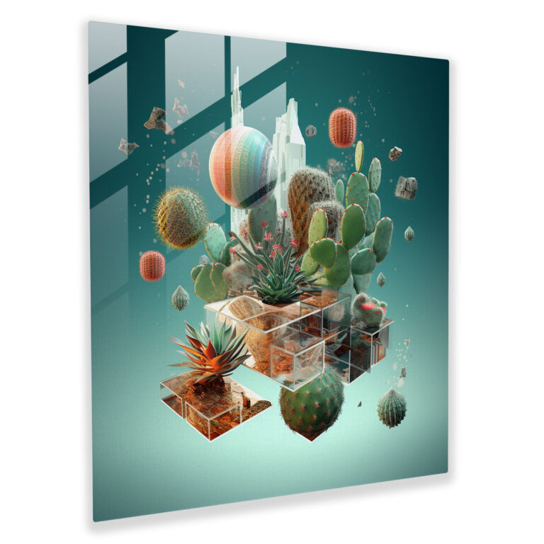 Floating Cactus Glass Print - Cactus, Cactus, Digital Artwork, Glass Wall Art