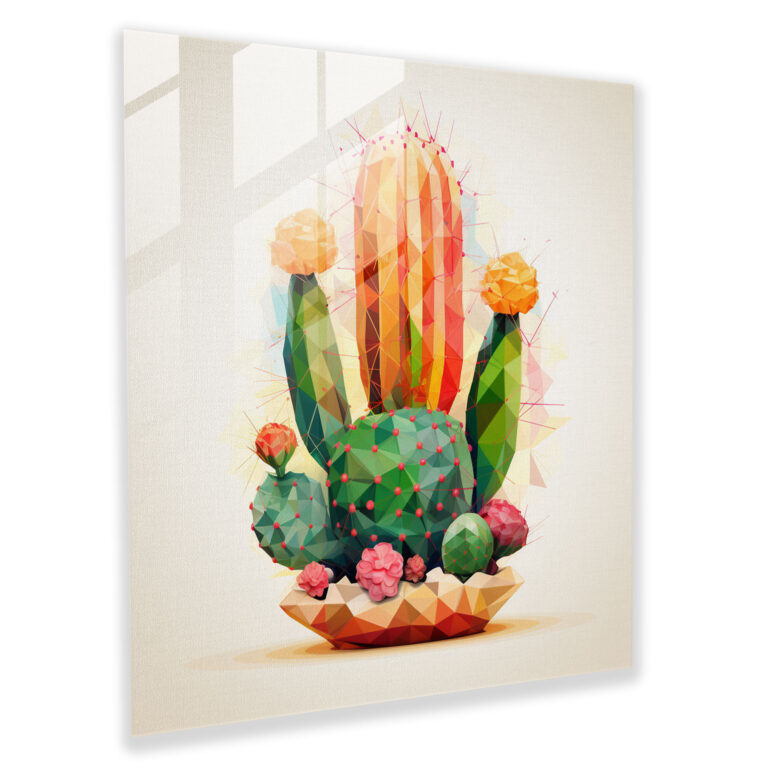 Geometric Cactus Glass Print - Cactus, Glass Art, Wall Decoration, Colorful Triangles