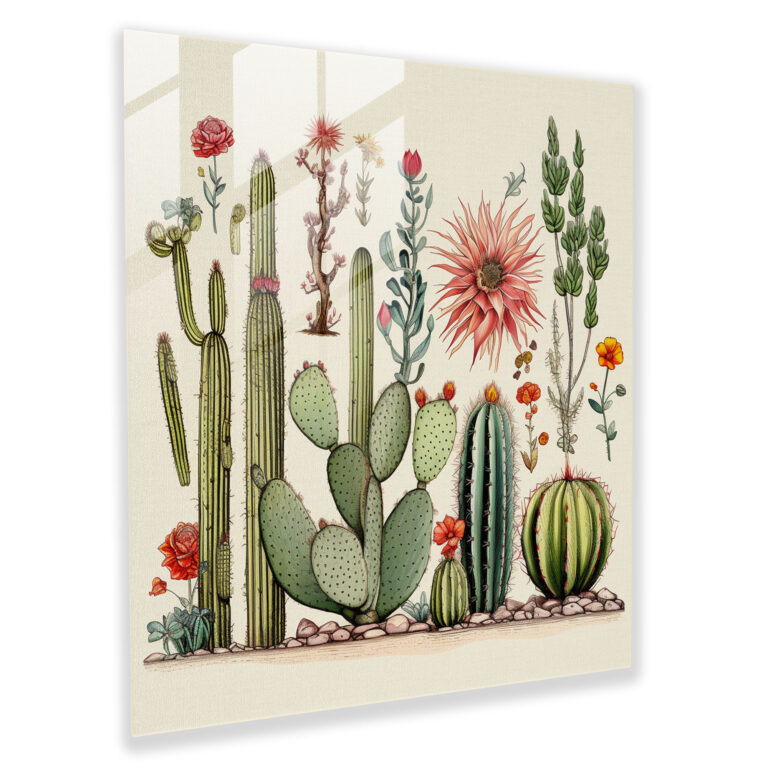 Botanical Cactus Glass Print - Cactus, Various Cactus Species, Detailed Drawing, Modern Art