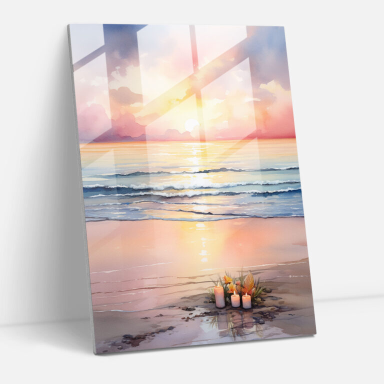 Sunset Beach Glass Print - Candle, Wall Decoration, Watercolor Painting, Glass Art