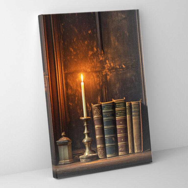 Vintage Candle Canvas Print - Candle, Wall Decoration, Photograph, Aged Books