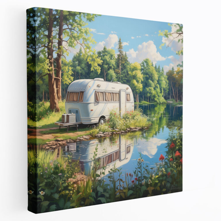 Caravan Canvas Print - Serene Lake Retreat - Caravan, Nature, Canvas, Canvas Print