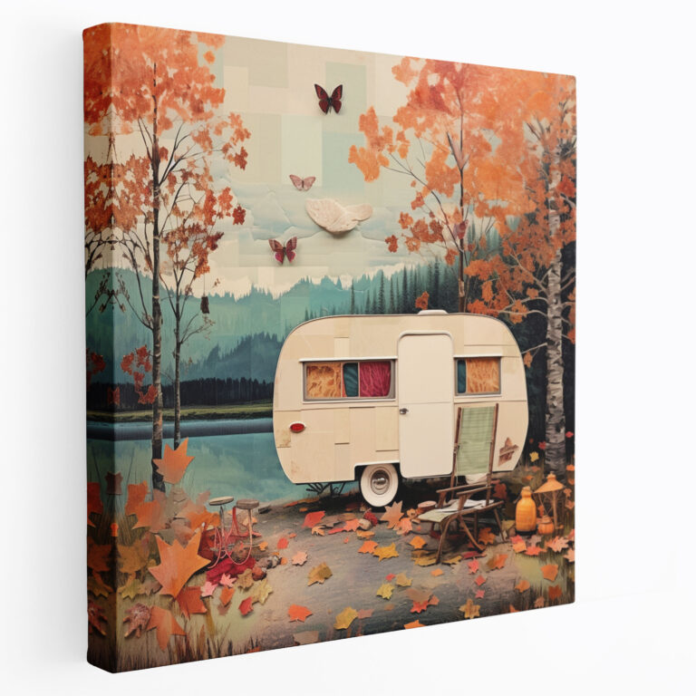 Vintage Lakeside Caravan Canvas Print - Caravan, Calm, Wall Decoration, Tranquility
