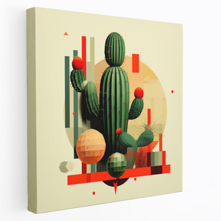 Cactus Canvas Print - Retro Geometric Wall Art - Cactus, Home Decoration, Cactus Surrounded By Geometric Shapes, Wall Decoration