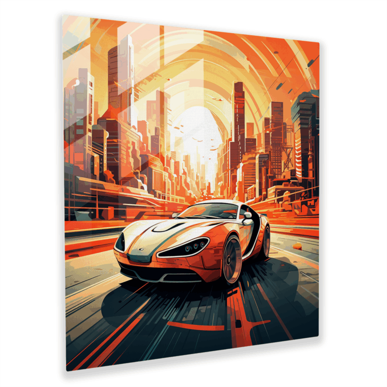 Sleek Glass Print - Modern Graphic Sports Car Gliding Through Futuristic Cityscape Glass Wall Art