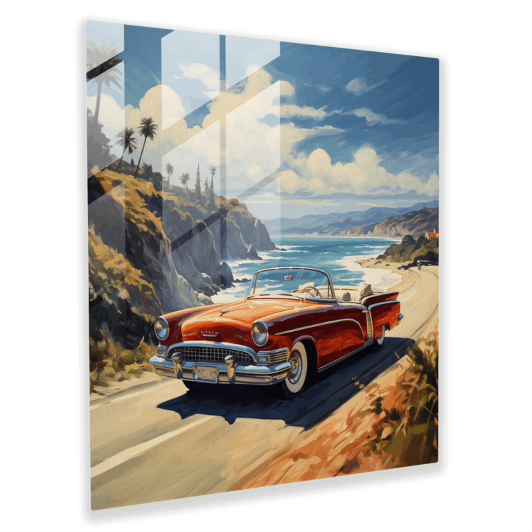 Artistic Glass Print - Vintage Convertible Cruising Coastal Road Glass Wall Art
