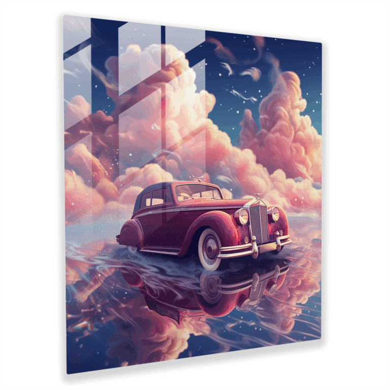 Enchanting Glass Print - Surreal Vintage Car Floating in Dreamlike Sky Glass Wall Art