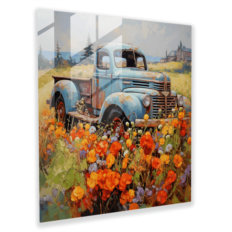 Serene Glass Print - Impressionist Painting of Charming Old Truck in Field of Flowers Glass Wall Art