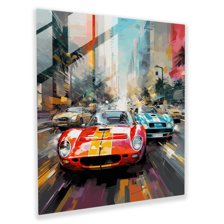 Vibrant Cityscape Glass Print Wall Art with Classic Cars for Modern Home Decor