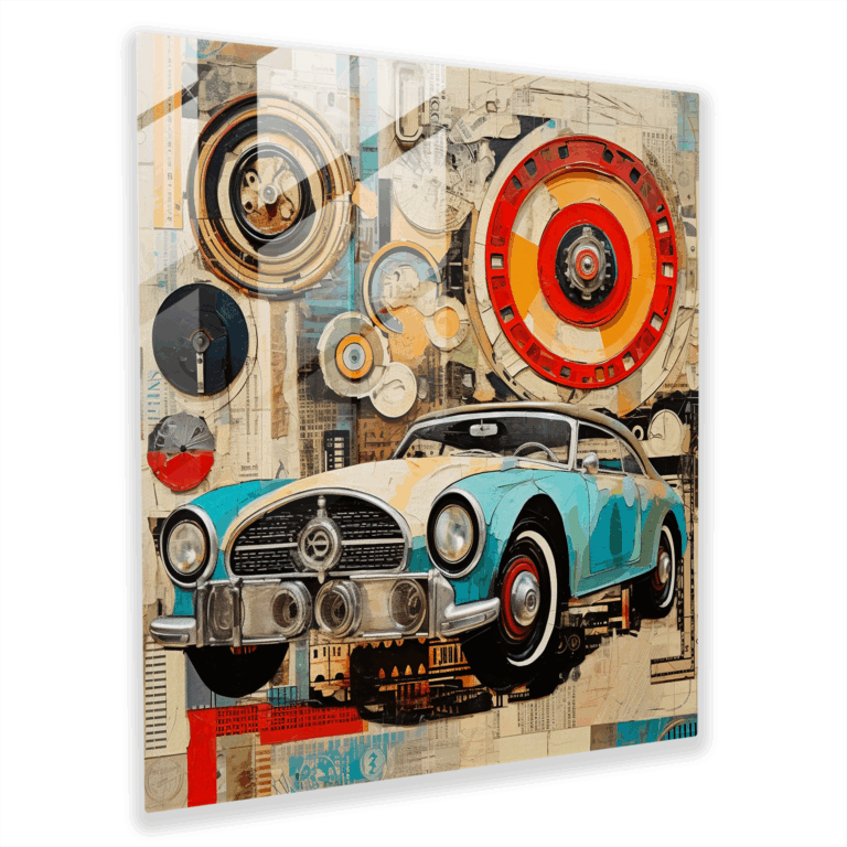 Artistic Fusion Glass Print Wall Art with Vintage Car Parts for Home Decor