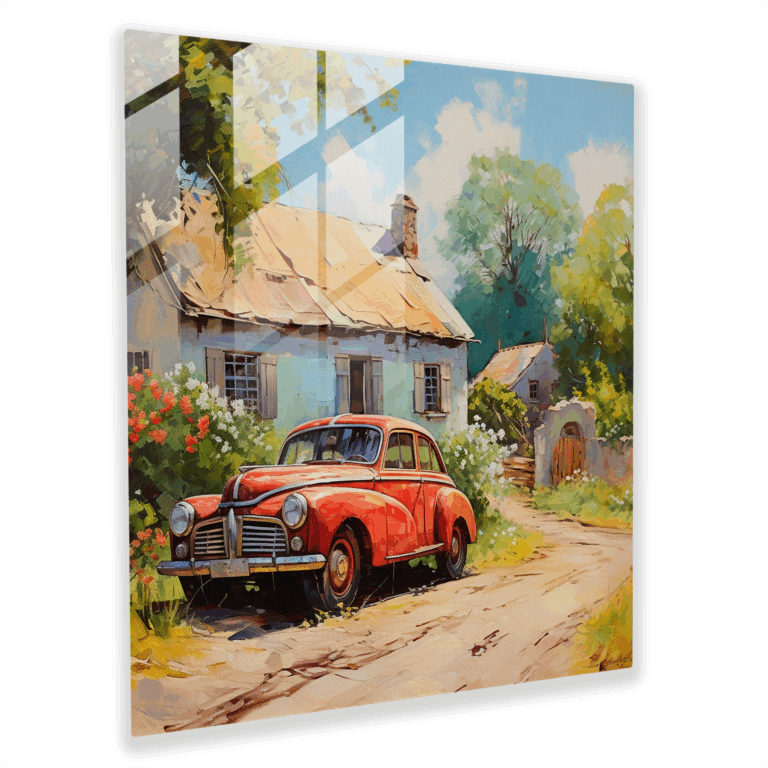 Tranquil Countryside Glass Print Wall Art with Classic Car for Home Decoration