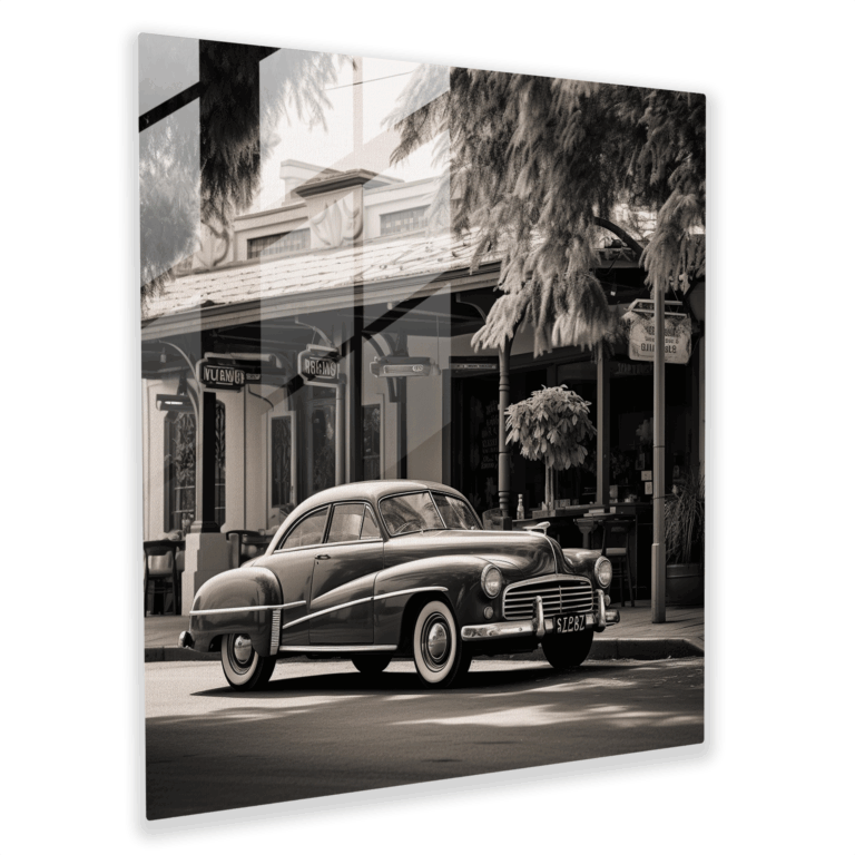 Nostalgic Café Classic Car Glass Print - Wall Decor, Glass Wall Art, Home Decoration, Glass Print, Modern Art Work