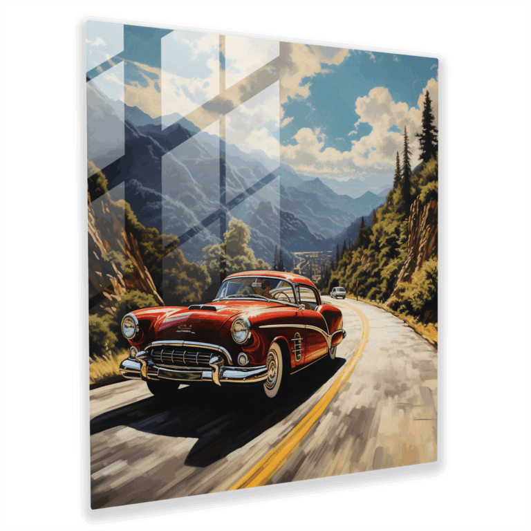 Dynamic Mountain Road Classic Car Glass Print - Glass Art, Modern Art Work, Glass Print, Glass Wall Art, Home Decoration