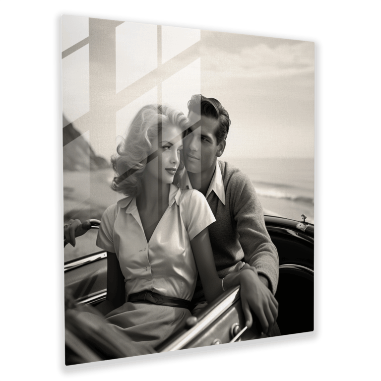 Ethereal Noir Glass Print - Classic Convertible Driving Couple Glass Wall Art