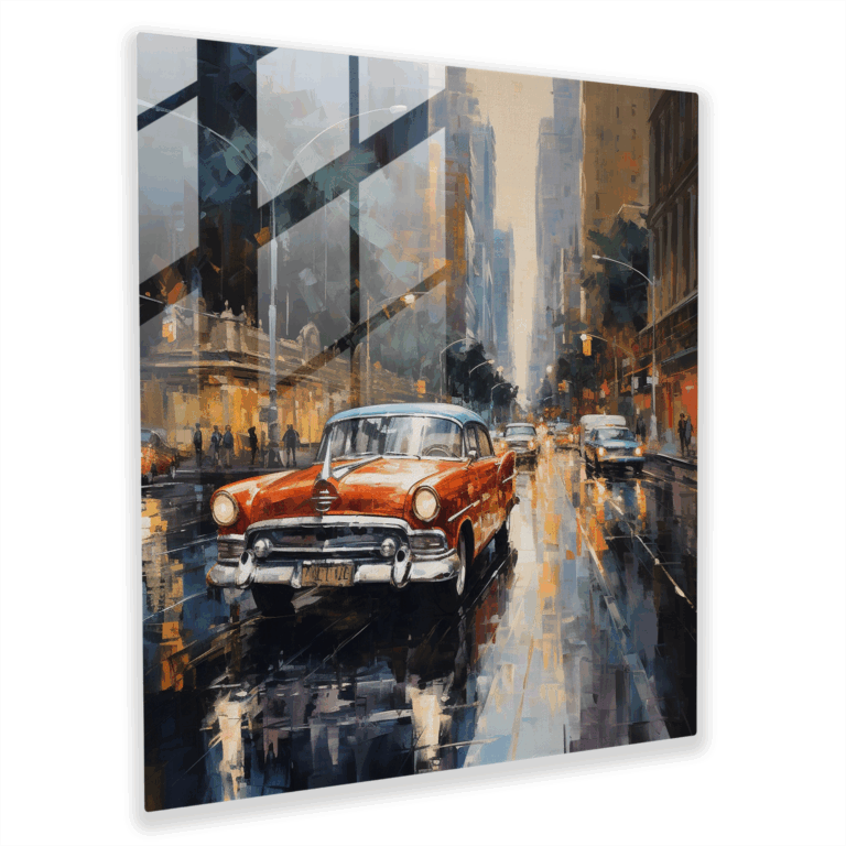 Impressionist City Rhythms Glass Print - Classic Cars Driving Through Vibrant Streets Glass Wall Art