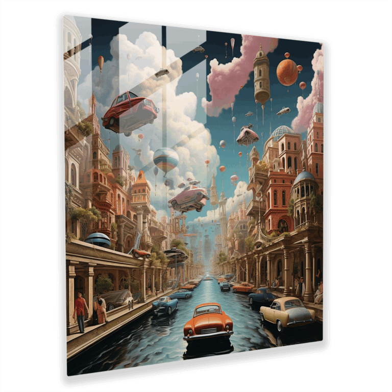 Enigmatic Dreamlands Glass Print - Classic Cars Floating Above Whimsical City Glass Wall Art