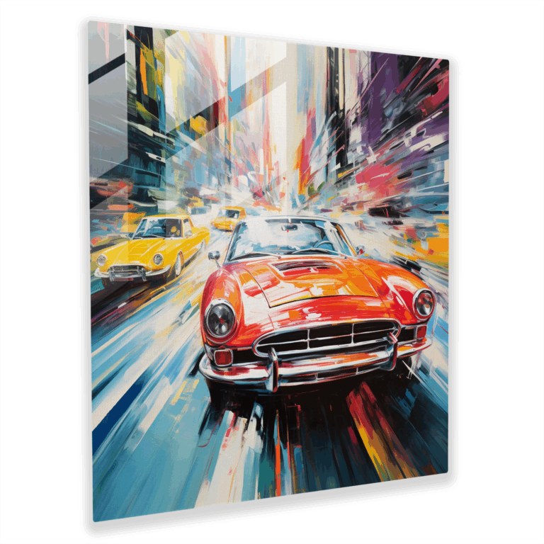Dynamic Velocity Glass Print - Classic Cars Racing Through Vibrant Metropolis Glass Wall Art