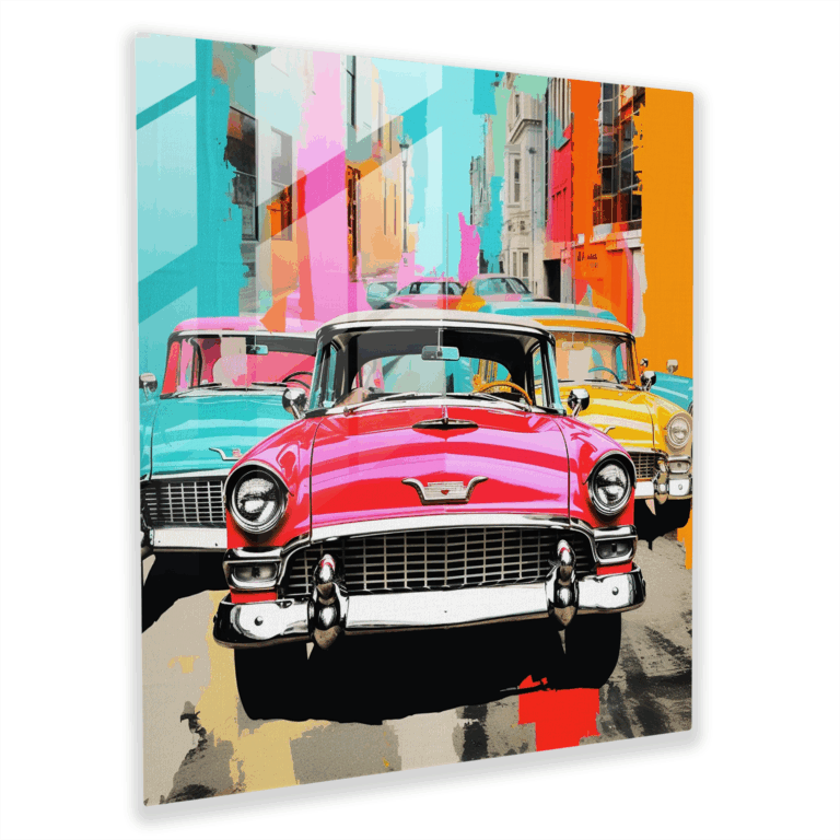 Retro Revival Glass Print - Vibrant Collage of Classic Car Images Glass Wall Art