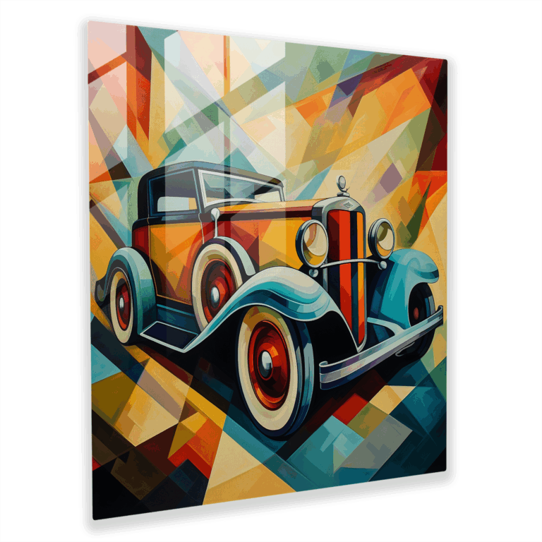 Geometric Fusion Glass Print - Cubist Fragmented Representation of Classic Car Glass Wall Art