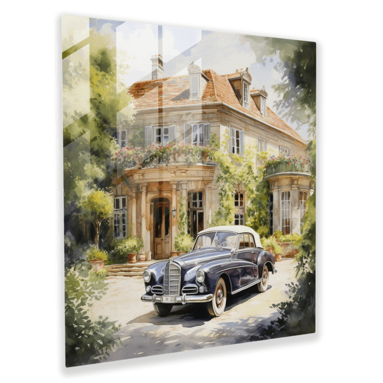 Vintage Serenity Glass Print - Romantic Watercolor Portrayal of Classic Car and European Villa Glass Wall Art