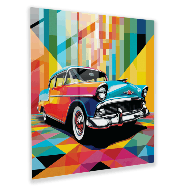 Eye-Catching Glass Print of Contemporary Classic Car Pop Art