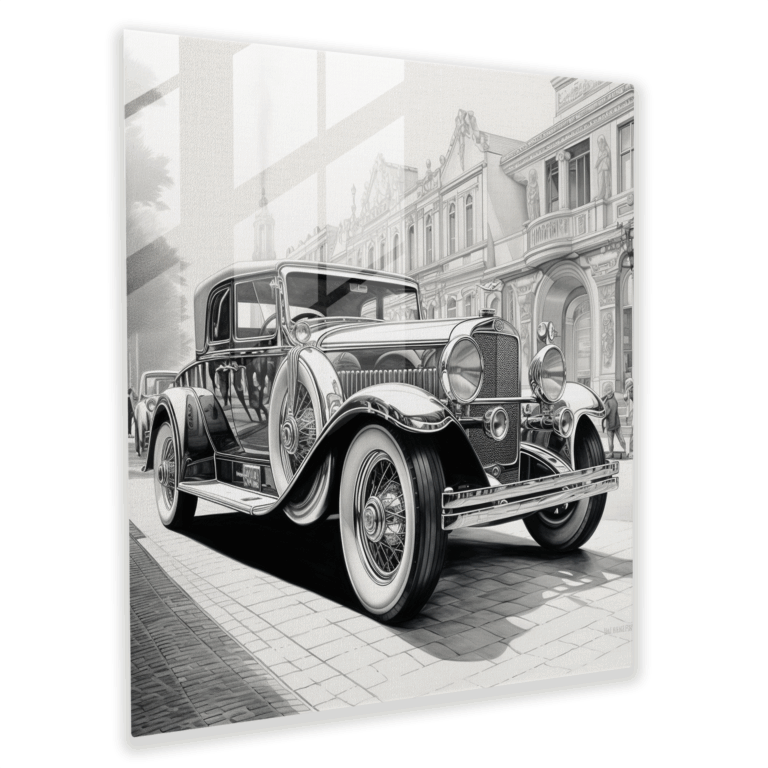 Exquisite Glass Print of Photorealistic Classic Car Pencil Drawing