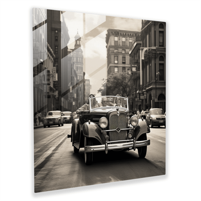 Elegant Monochrome Glass Print - Vintage Car Joyride