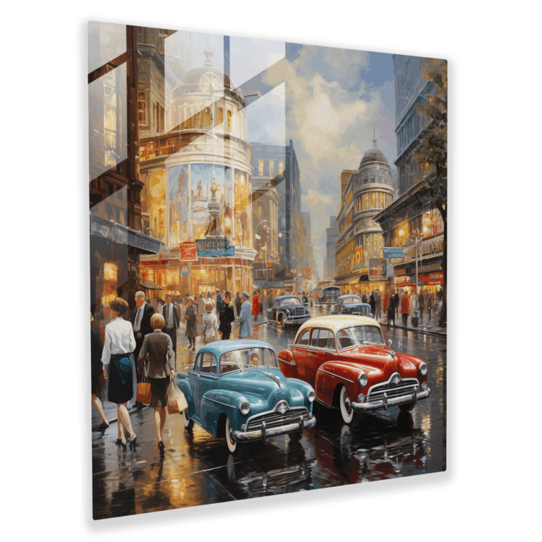 Retro Cityscape Glass Print - Classic Cars Galore