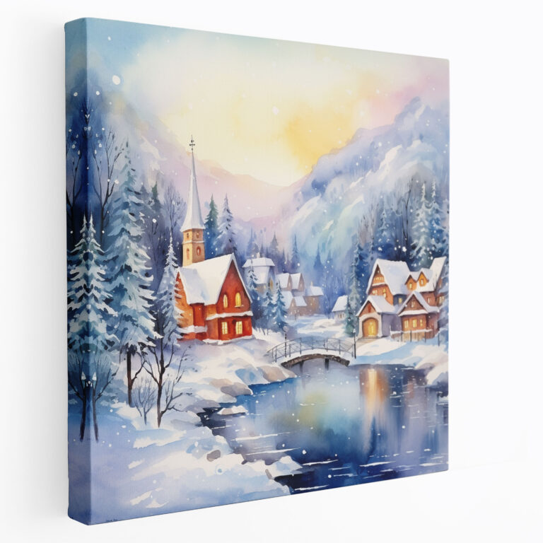 Christmas Canvas Print - Serene Watercolor Landscape - Snowy Mountains And Village - Christmas, Christmas Village, Wall Decoration, Canvas Print