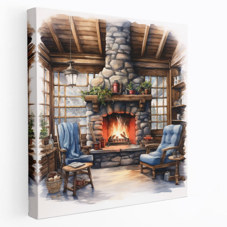 Christmas Canvas Print - Cozy Fireplace - Christmas, Watercolor Painting, Wall Decoration, Canvas Print