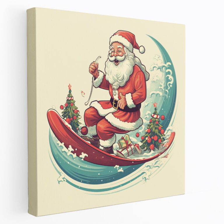 Christmas Santa Claus Cartoon Canvas Print - Christmas, Surfing, Candy Cane, Quirky Cartoon-Inspired Design