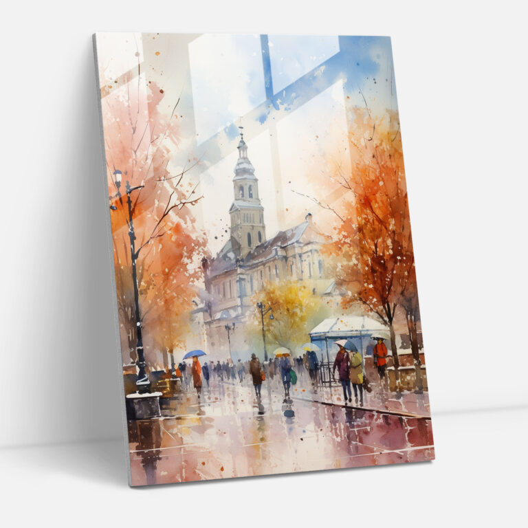 Lively Church Square Glass Print - Church, Watercolor Painting, Modern Art, Church